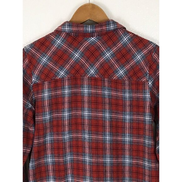 Womens S Button-Up Red Plaid Flannel Shirt With Long Sleeves & Chest Pockets - Picture 4 of 5